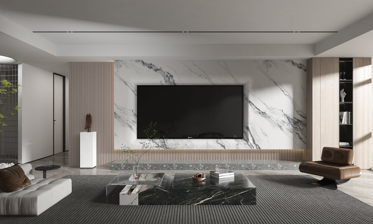 Contemporary living room with a Regal Harmony marble veneer TV wall featuring diagonal gray veining