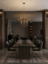 Black Mirror wood veneer panels forming a reflective accent wall behind a contemporary dining table