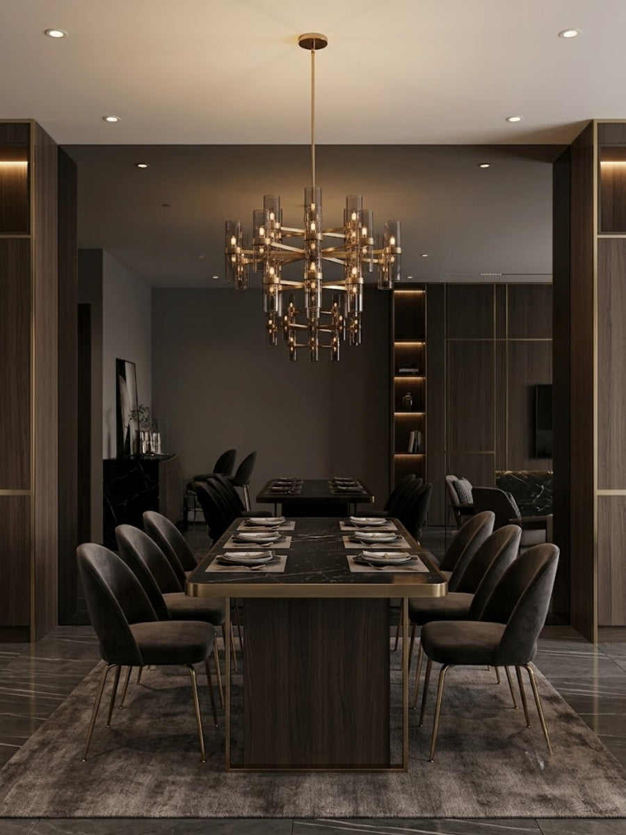 Black Mirror wood veneer panels forming a reflective accent wall behind a contemporary dining table