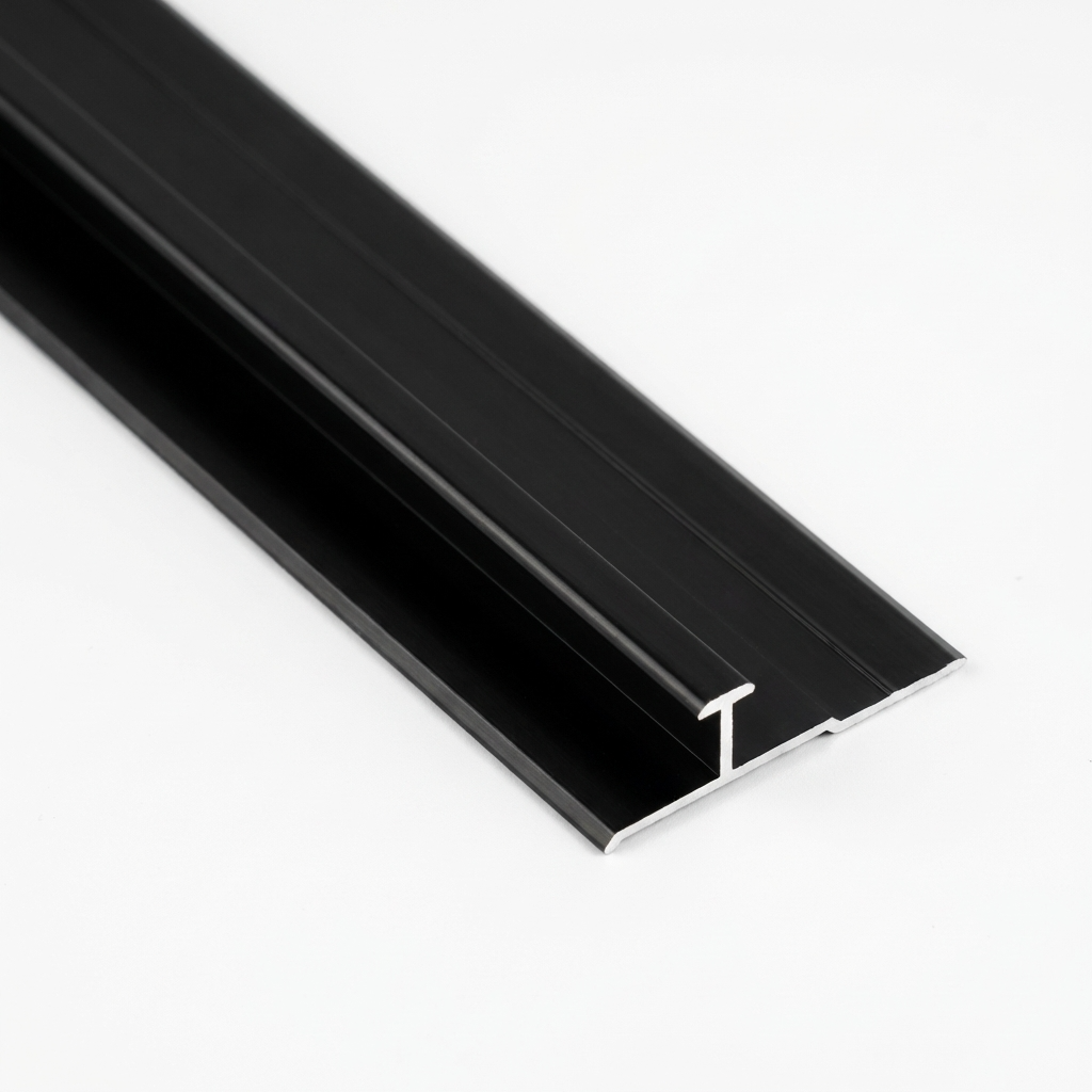 Close-up of black aluminum alloy seamless connection H trim with exposed H-shaped end