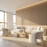 Oak acoustic wood slat panels installed as a full-height living room feature wall with warm lighting
