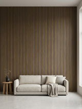 Floor-to-ceiling Royal Oak WPC fluted wall panels creating a wood-look living room accent wall