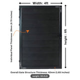 Black WPC fence single gate diagram showing 4 ft width, 6 ft height and 20 mm panel thickness