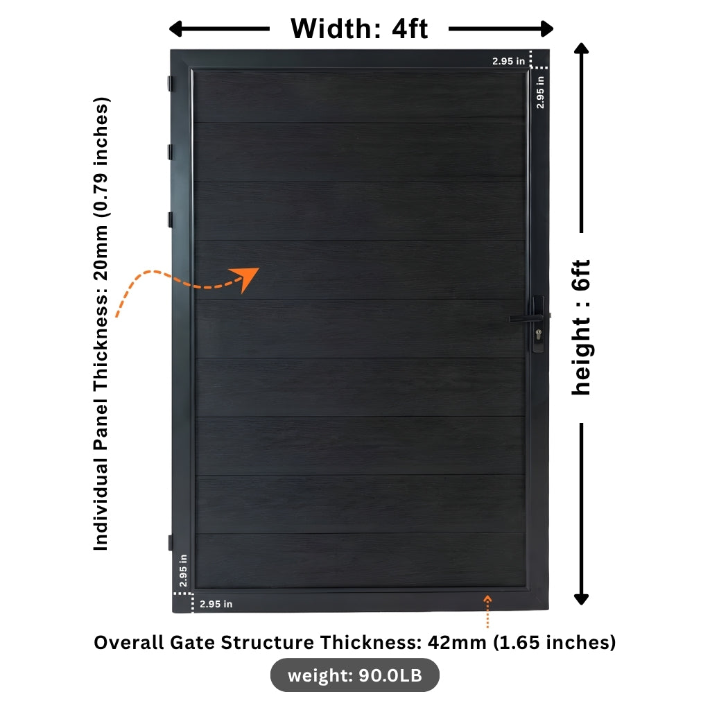 Black WPC fence single gate diagram showing 4 ft width, 6 ft height and 20 mm panel thickness