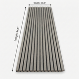 Ash gray acoustic wood slat wall panel measuring 94.5 inches long by 23.5 inches wide