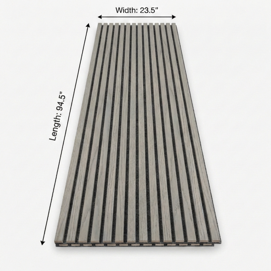 Ash gray acoustic wood slat wall panel measuring 94.5 inches long by 23.5 inches wide