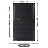 Black WPC fence gate dimension diagram showing 3ft width, 6ft height and panel thickness