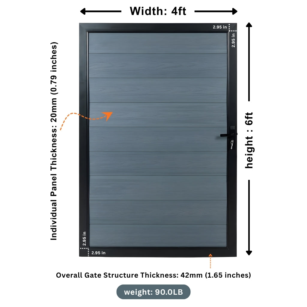 Gray WPC fence single gate diagram showing 4 ft width, 6 ft height and 20 mm panel thickness