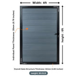 Gray WPC fence single gate diagram showing 4 ft width, 6 ft height and 20 mm panel thickness