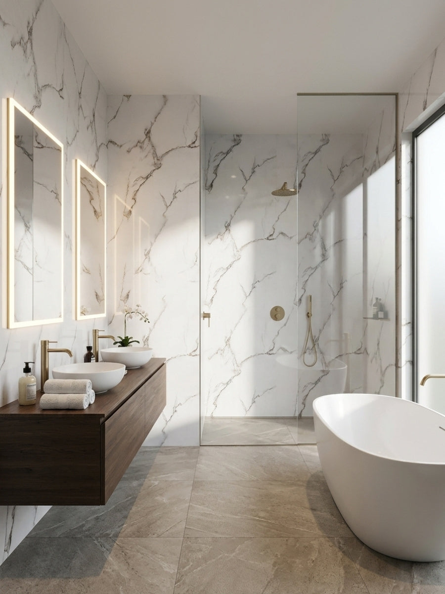Calacatta White PVC wall panels surrounding a glass shower and freestanding tub in a modern bathroom