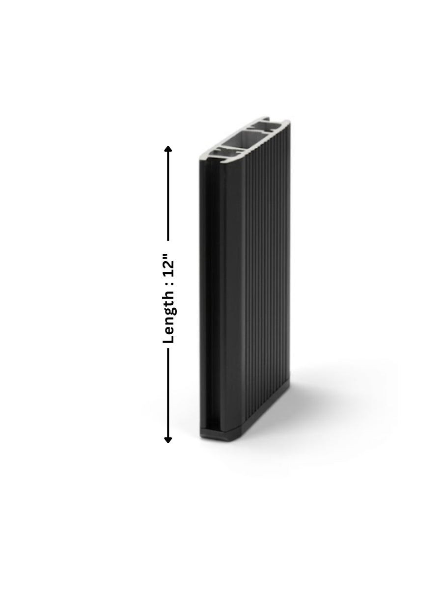 Premium aluminum alloy fence sample with black ribbed finish and 12-inch length marking