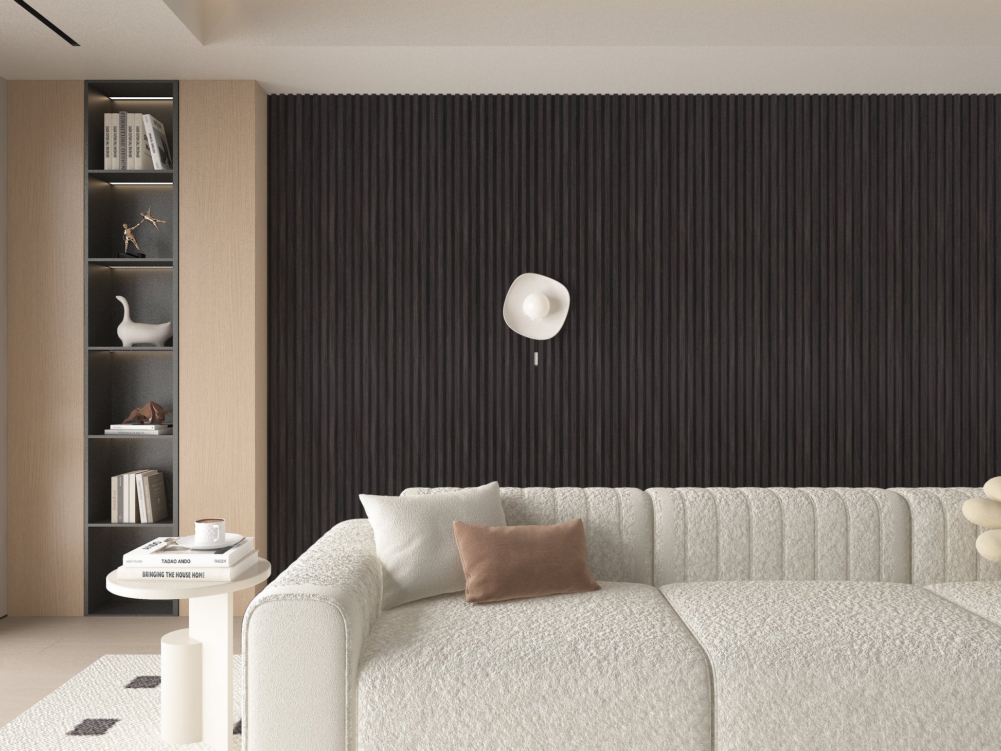Dark Smoky Oak WPC Fluted 3D Wall Panels. Accel Distribution Inc. Living Room Design With WPC Fluted Wall Panels