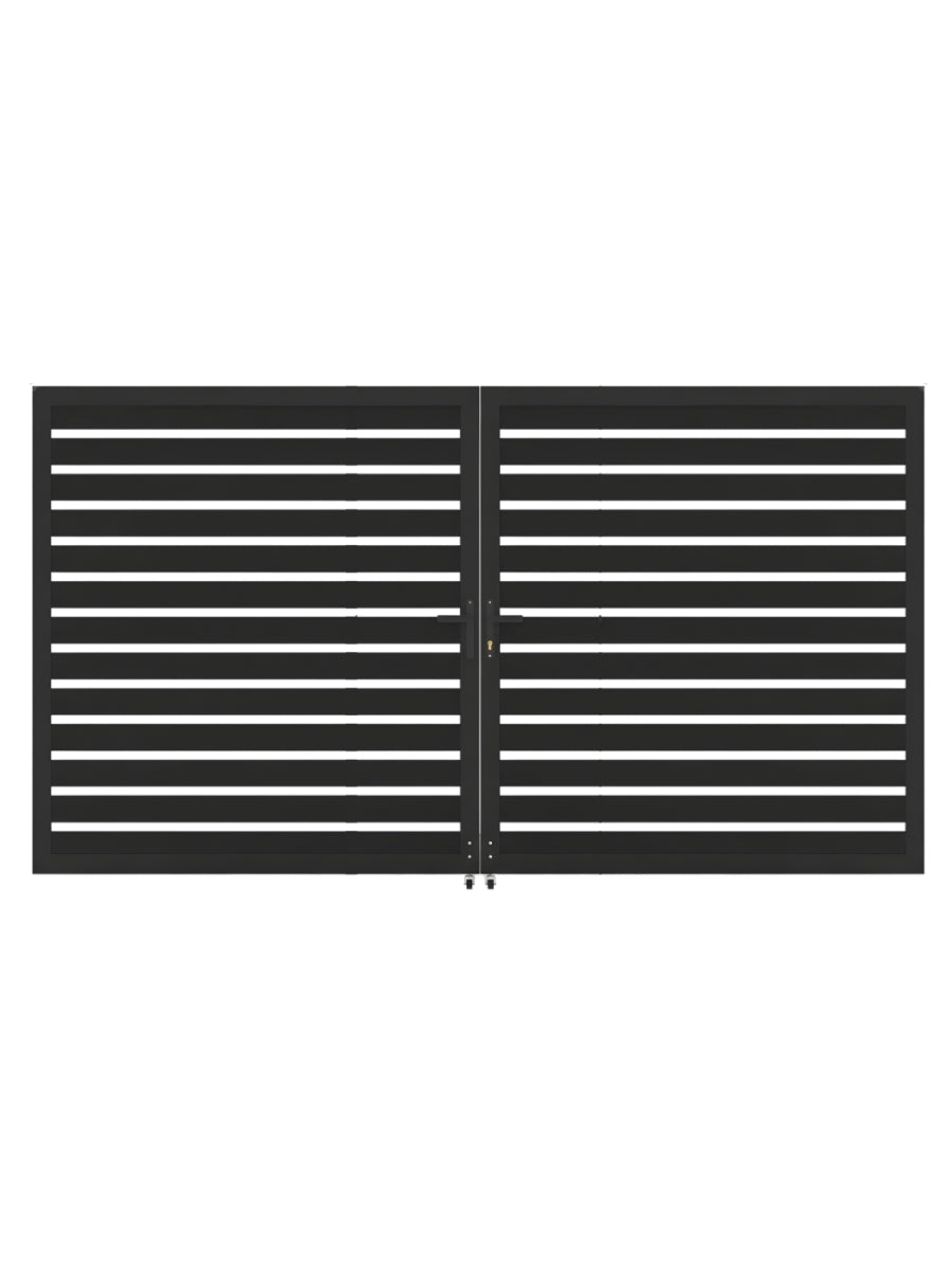 Aluminum Premium Fence Gate 12x6 with two dark framed panels and horizontal semi-privacy slats