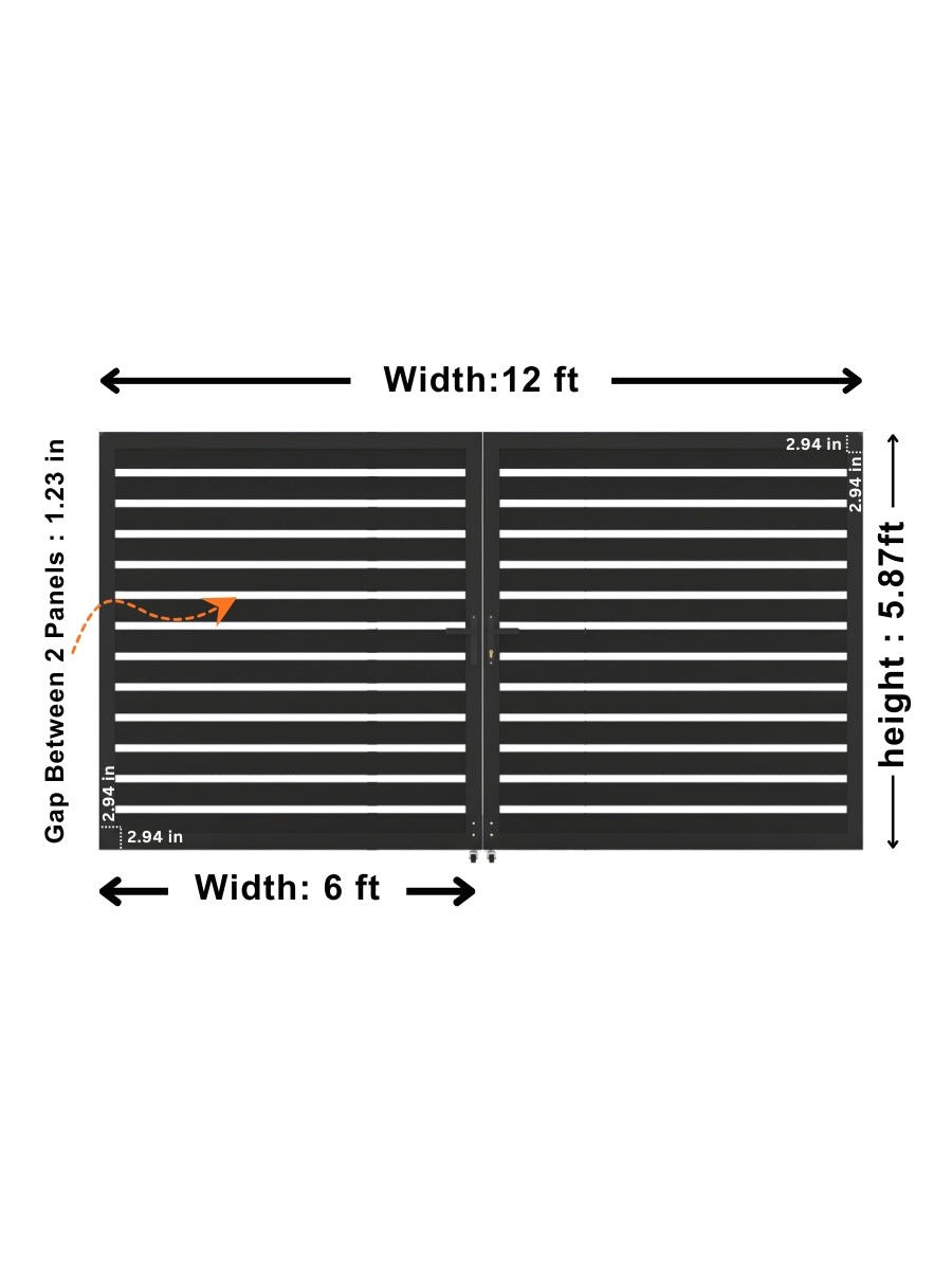 Aluminum Premium Fence Gate dimension diagram showing 12-foot overall width, two 6-foot panels, and 5.87-foot height