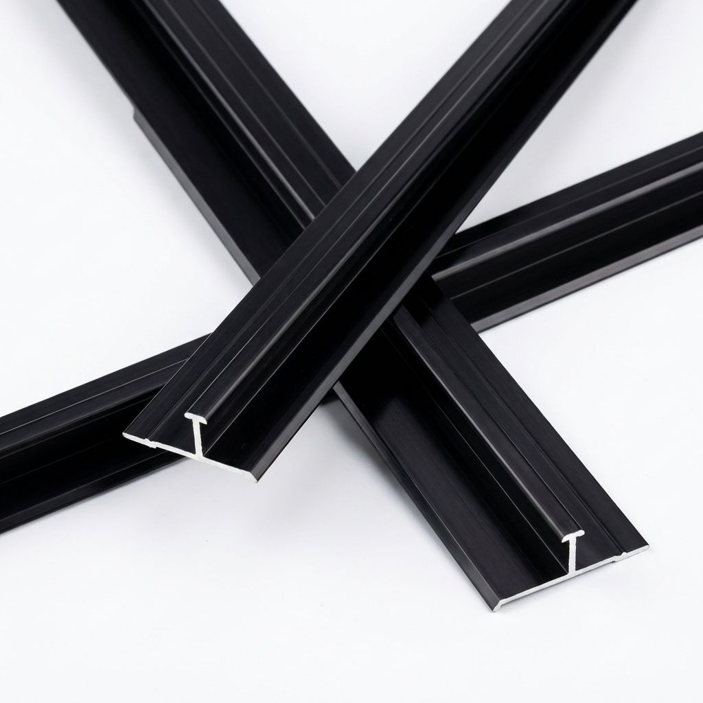 Overlapping black aluminum alloy H trim lengths with exposed silver-edged cross sections