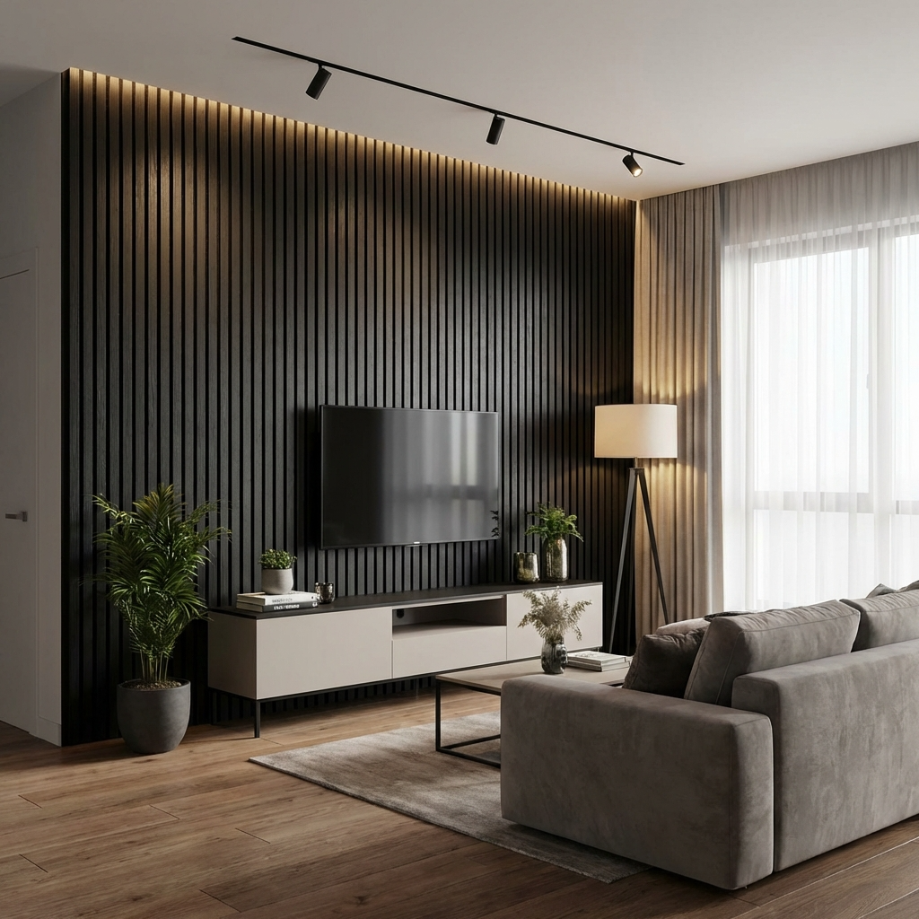 Black Acoustic Slat Wall Panels Installed in Modern Living Room TV Feature Wall