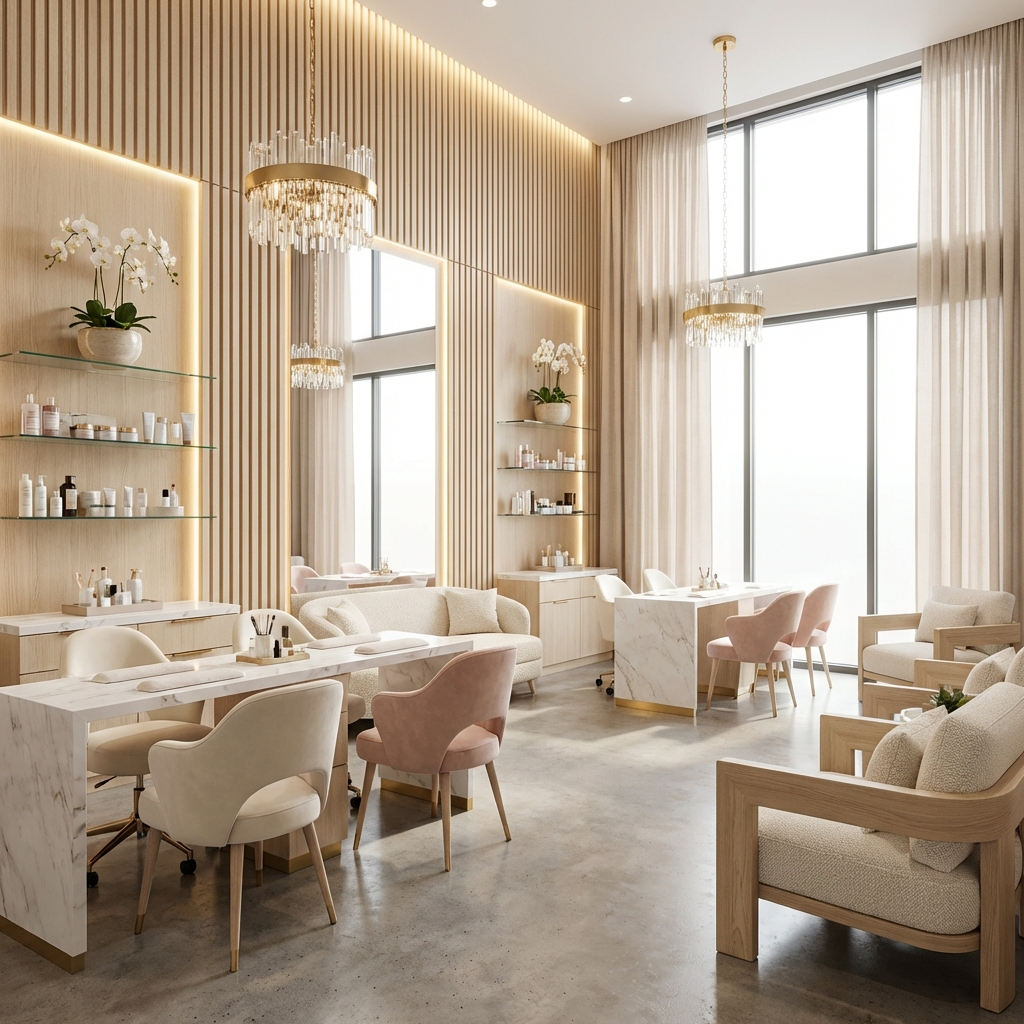 Oak acoustic wood slat panels installed on illuminated walls in a bright modern salon
