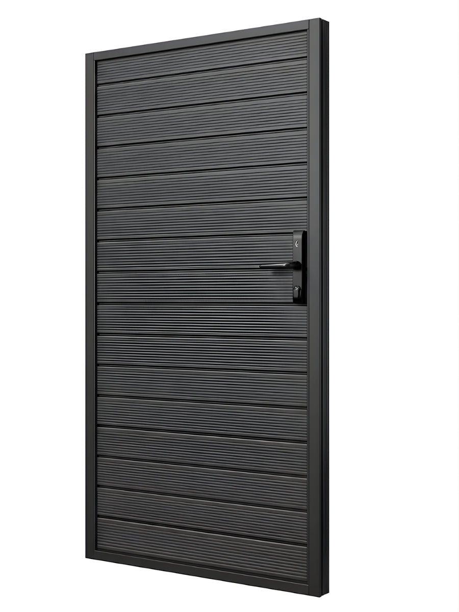Angled view of modern dark aluminum full-privacy gate with horizontal slats and locking handle