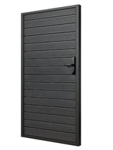 Angled view of modern dark aluminum full-privacy gate with horizontal slats and locking handle