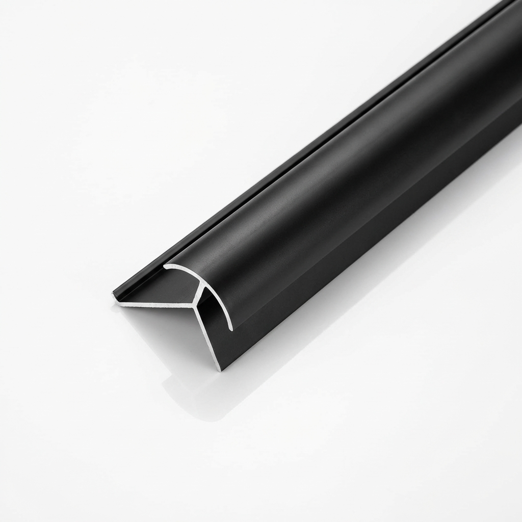 Black aluminum alloy round outside corner trim with curved profile and exposed cross-section