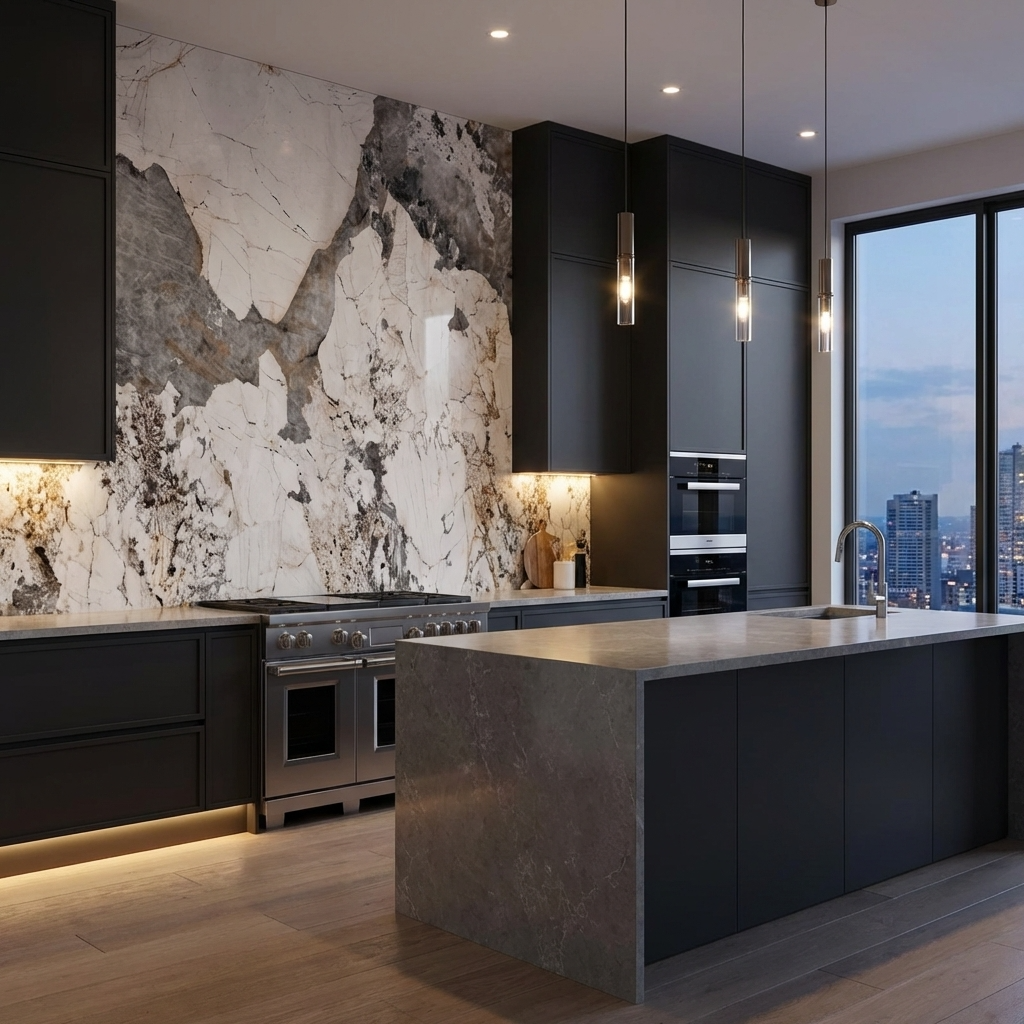 Pandora Granite wood veneer wall panels installed behind the range in a modern black kitchen
