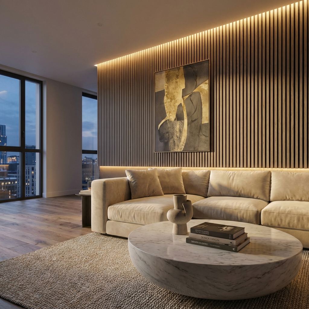 Ash gray acoustic wood slat panels installed as a backlit living room feature wall