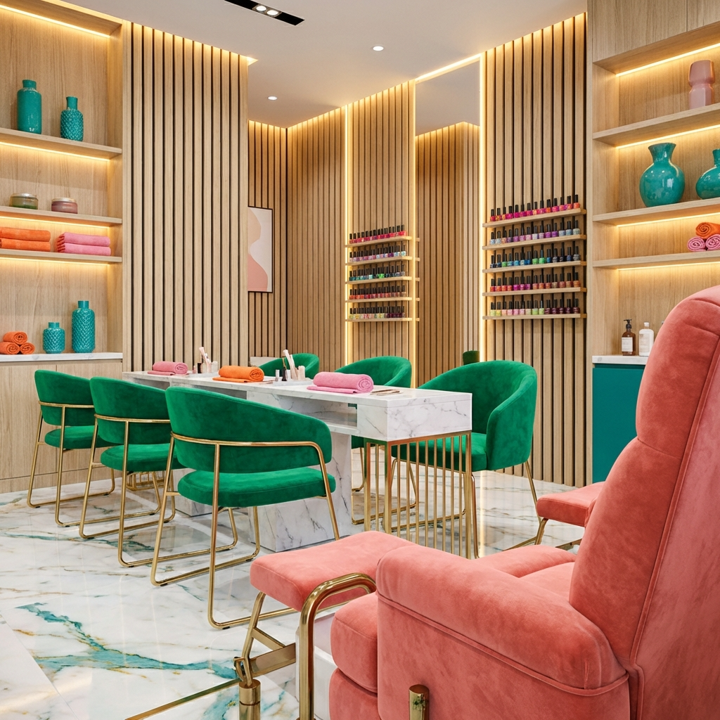 Modern nail salon with light oak acoustic slat wall panel feature walls and LED lighting