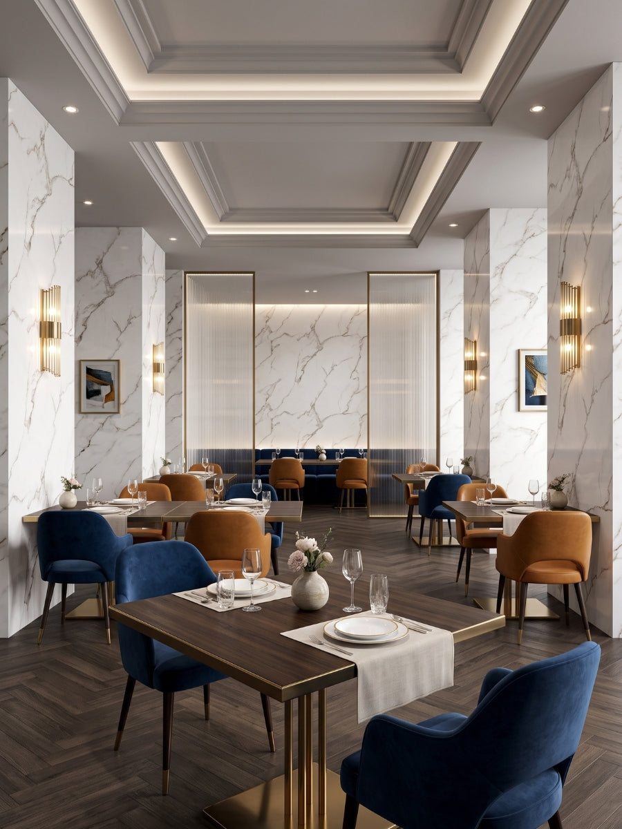 Calacatta White marble-look PVC panels covering walls and columns in a contemporary restaurant