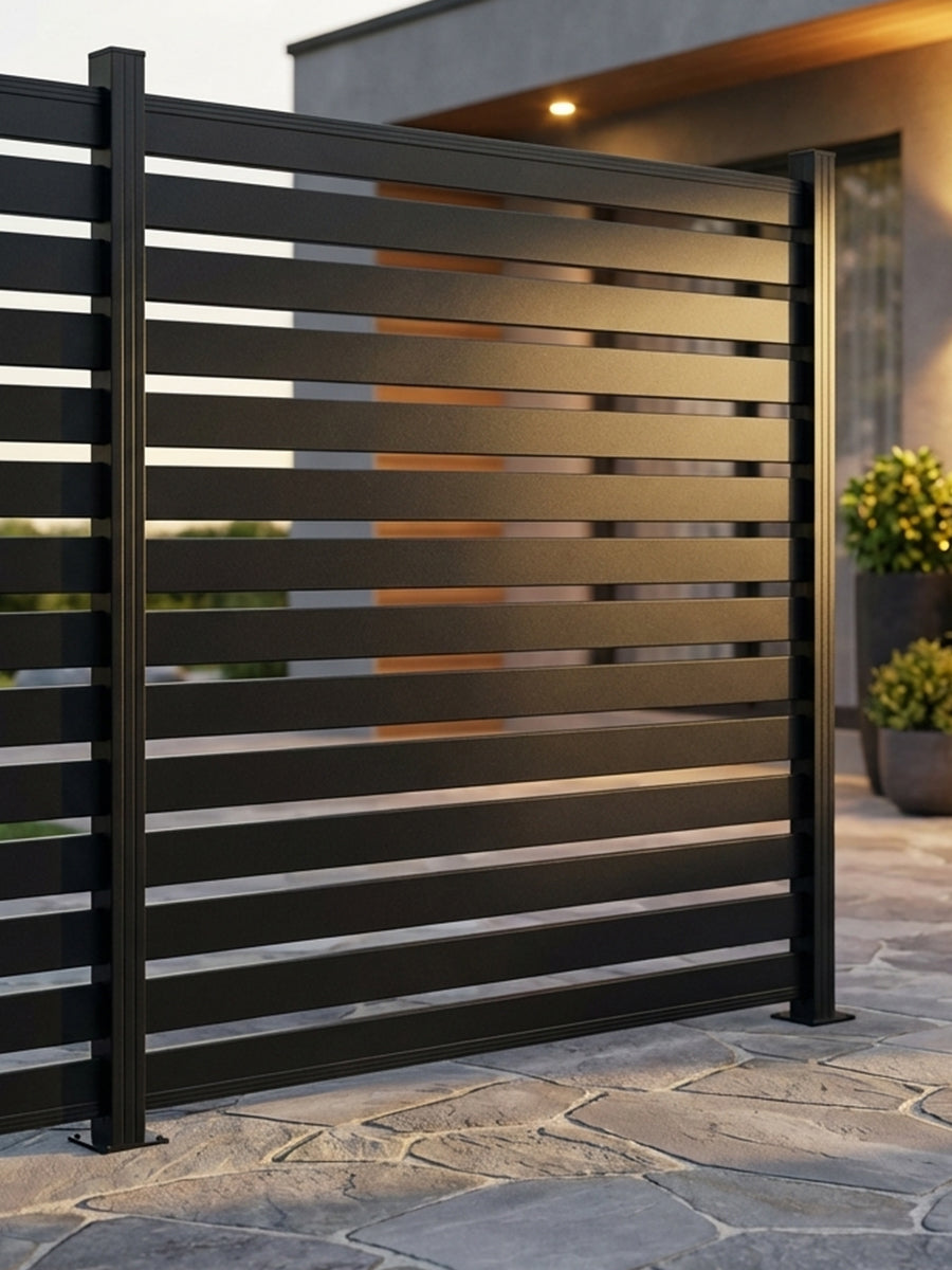 Black open slat aluminum fence panel installed beside a modern patio