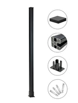 Full-length black 6 ft above-ground fence post with square cap, mounting base, and anchor hardware