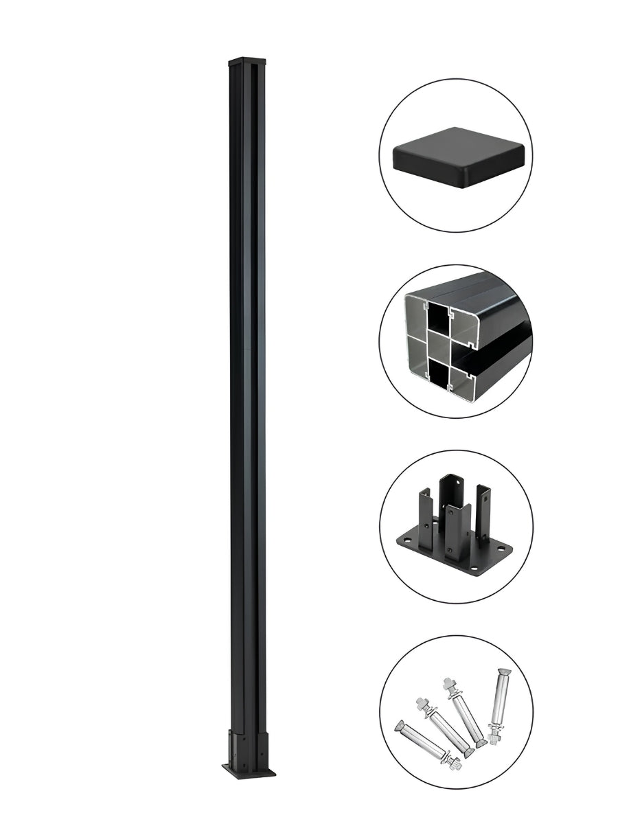 Full-length black 6 ft above-ground fence post with square cap, mounting base, and anchor hardware
