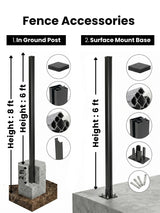 Fence post installation diagram comparing an 8 ft in-ground post with a 6 ft surface-mounted above-ground post