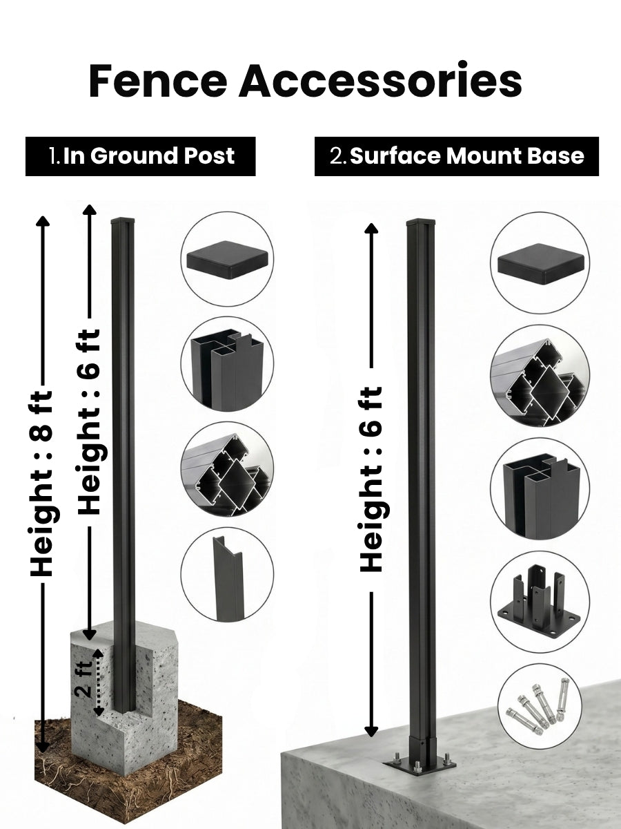 Fence post installation diagram comparing an 8 ft in-ground post with a 6 ft surface-mounted above-ground post