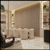 Natural oak acoustic wood slat feature wall with warm lighting in a modern salon