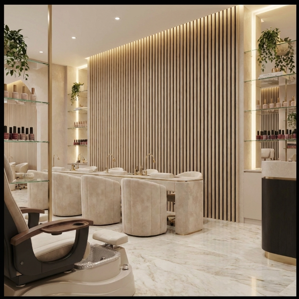 Natural oak acoustic wood slat feature wall with warm lighting in a modern salon