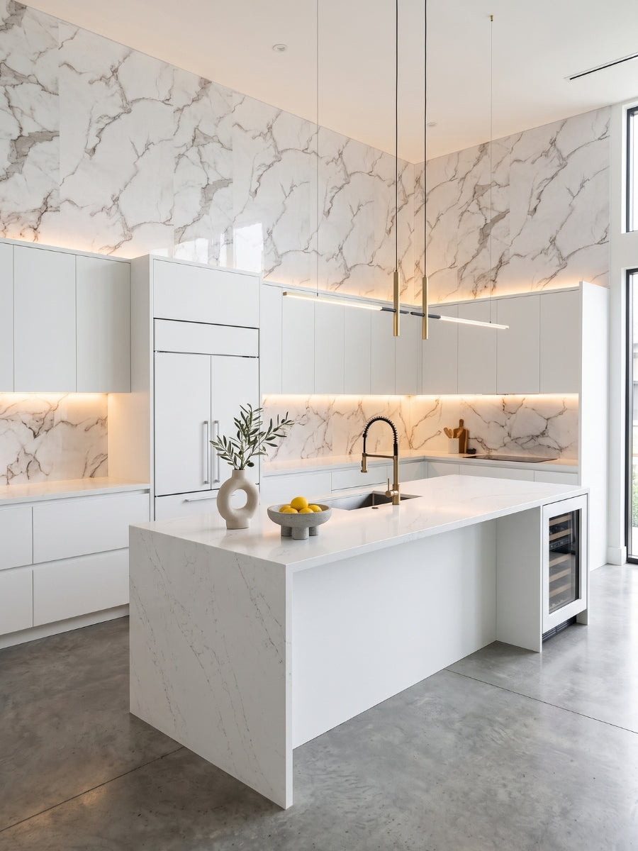Calacatta White PVC wall panels used as a backsplash and upper wall finish in a modern kitchen