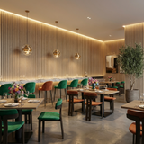 Restaurant interior with light oak acoustic wood slat feature walls and warm pendant lighting