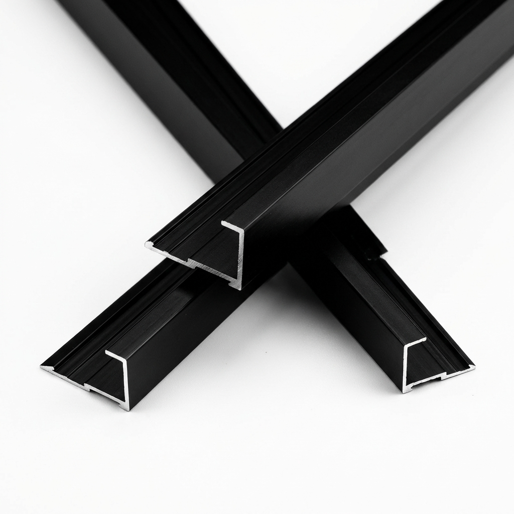 Three crossed black aluminum alloy end cap trim pieces showing the open ends
