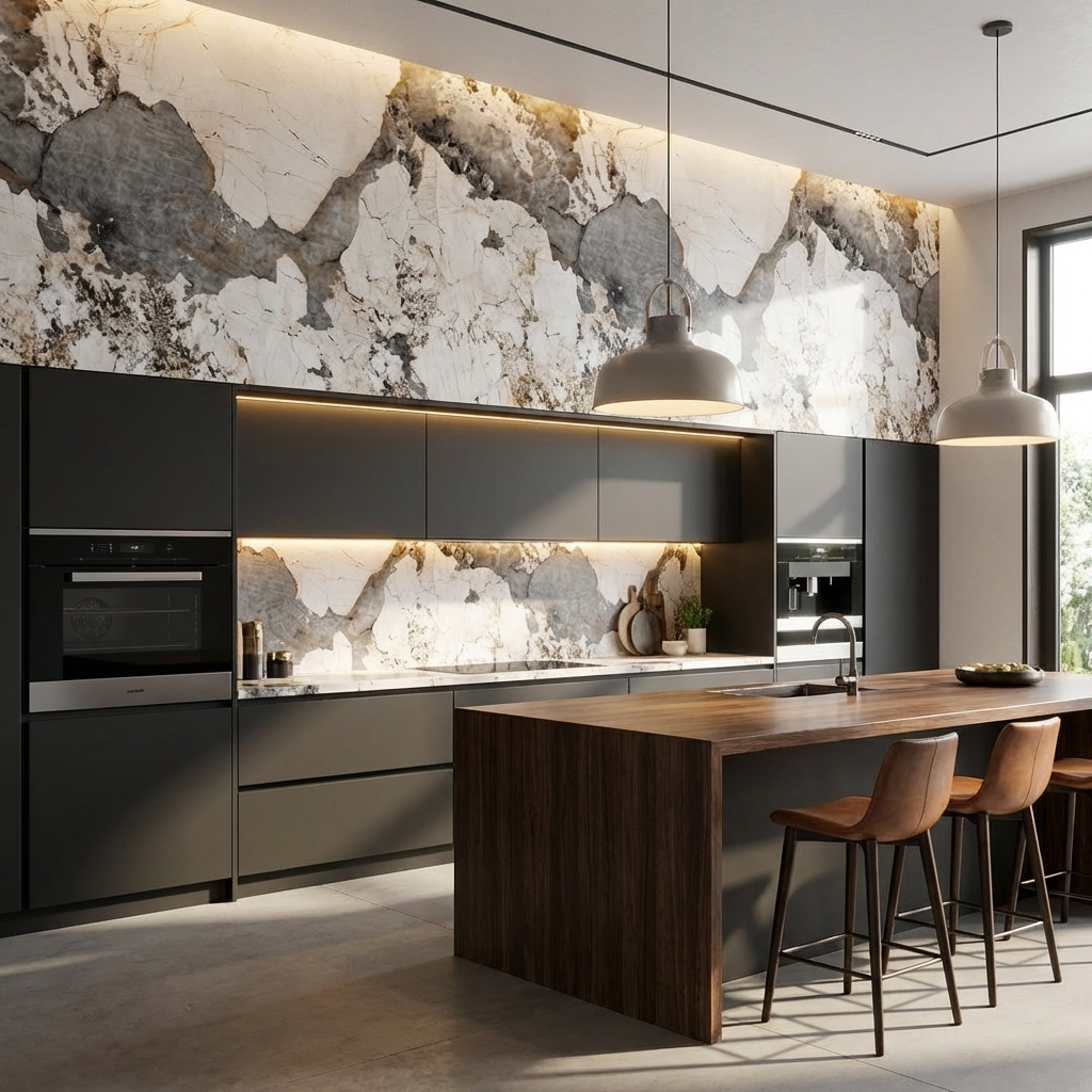 Modern kitchen with Pandora Granite veneer panels forming a continuous white and gray feature wall and backsplash