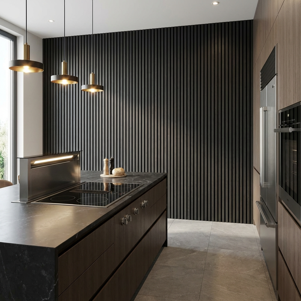 Black Acoustic Slat Wall Panels Installed in Modern Kitchen Interior with Vertical Slat Design