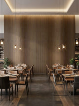 Royal Oak fluted wall panels forming a tall feature wall in a contemporary restaurant dining area