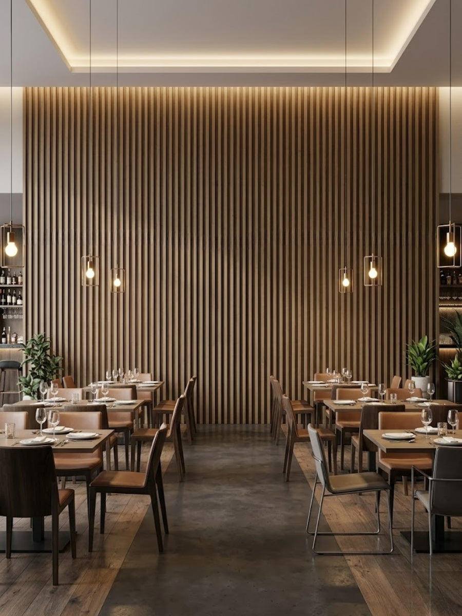 Royal Oak fluted wall panels forming a tall feature wall in a contemporary restaurant dining area