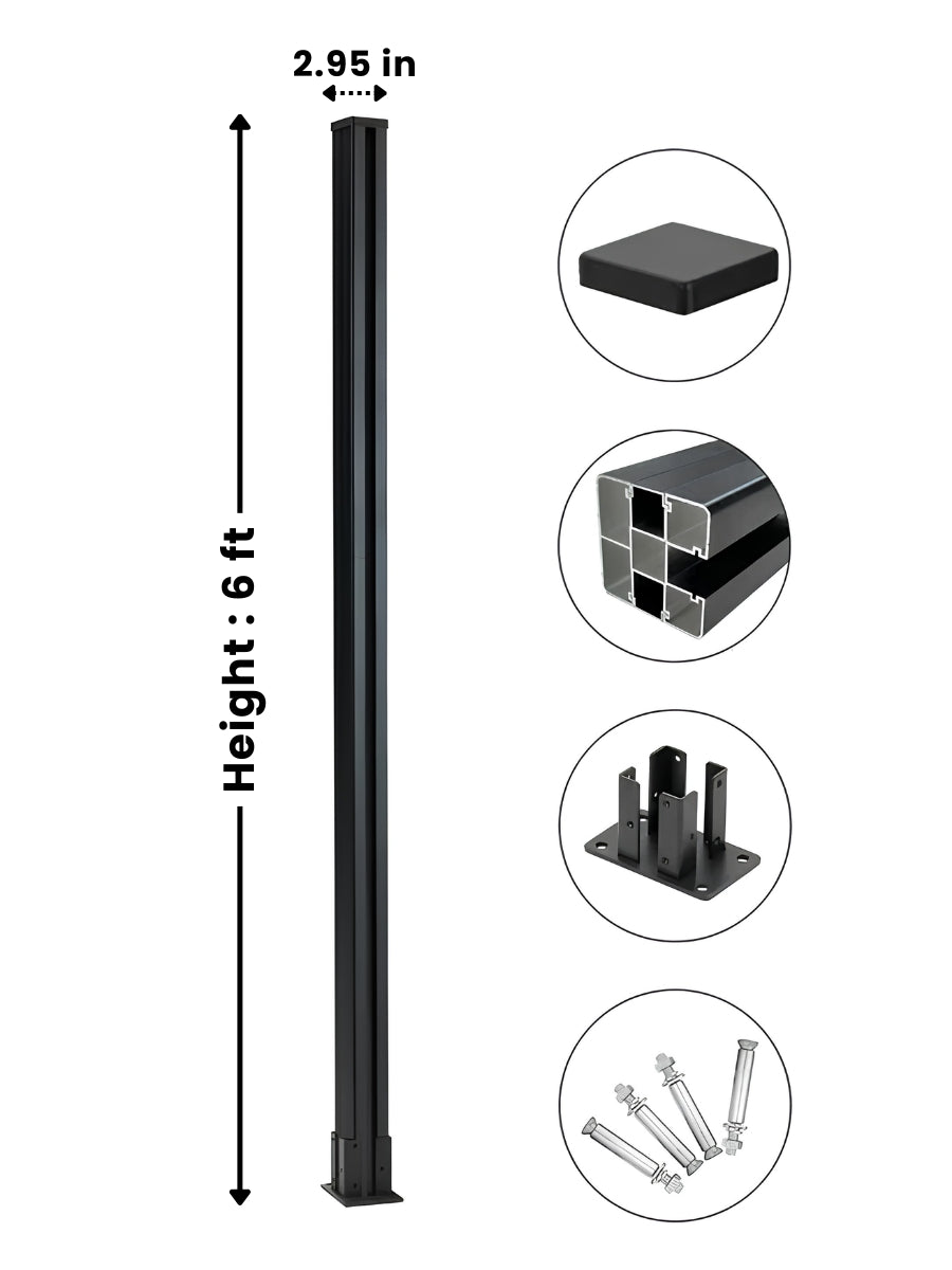 Black 6 ft above-ground fence post with 2.95-inch width, square cap, surface-mount base, and anchor hardware