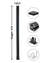 Black 6 ft above-ground fence post with 2.95-inch width, square cap, surface-mount base, and anchor hardware
