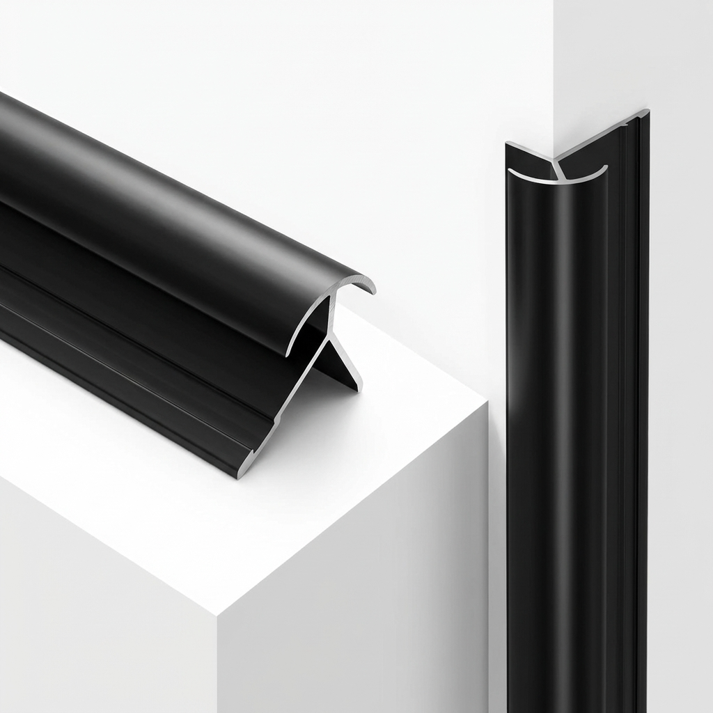 Black aluminum alloy round outside corner trim shown loose and fitted vertically on a white corner
