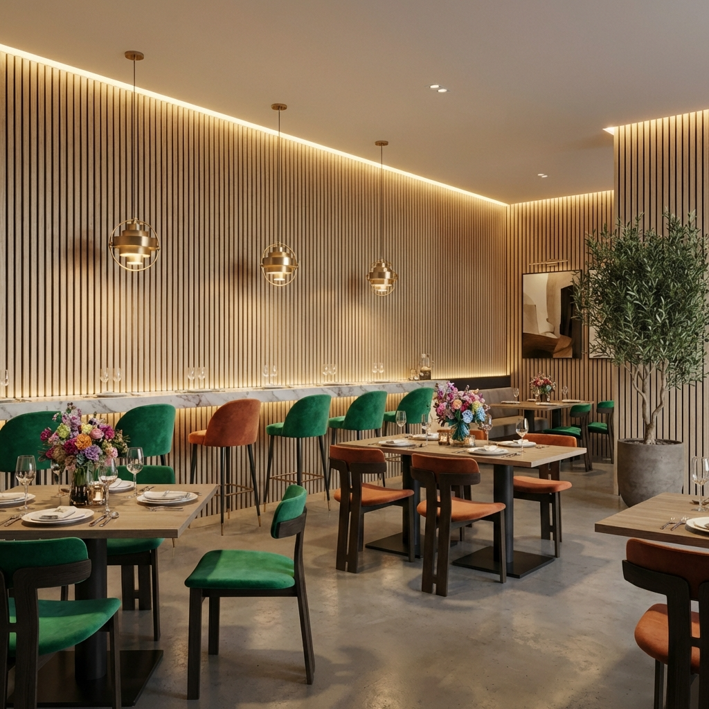 Modern restaurant interior with light oak acoustic slat wall panel feature wall and warm LED lighting