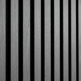 Close-up of ash gray veneered wood slats with visible grain and black acoustic backing