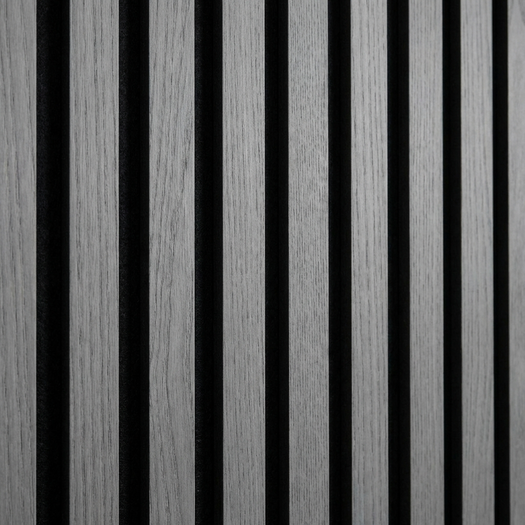 Close-up of ash gray veneered wood slats with visible grain and black acoustic backing
