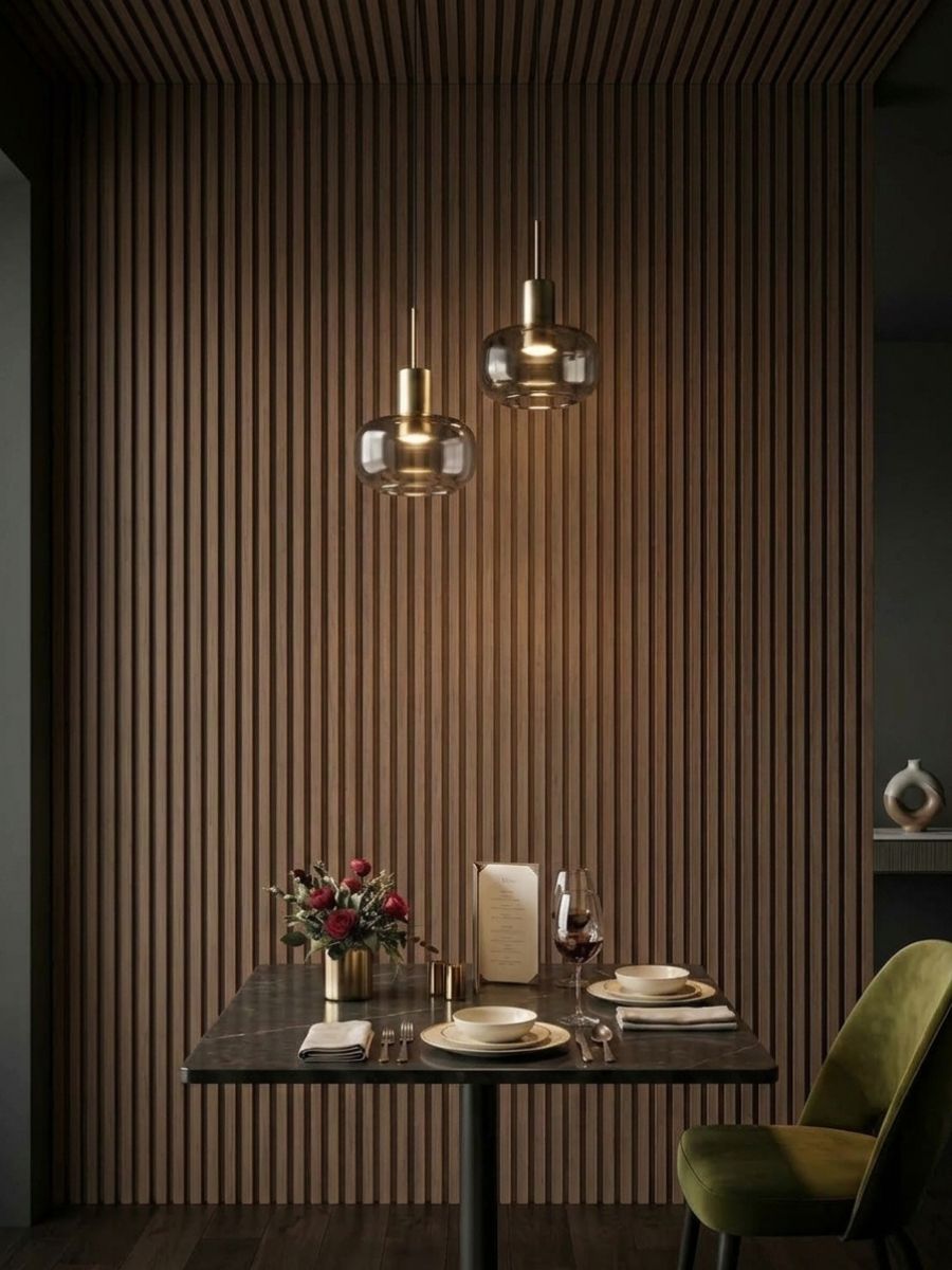Walnut WPC fluted 3D panels covering the wall and ceiling of a dining nook