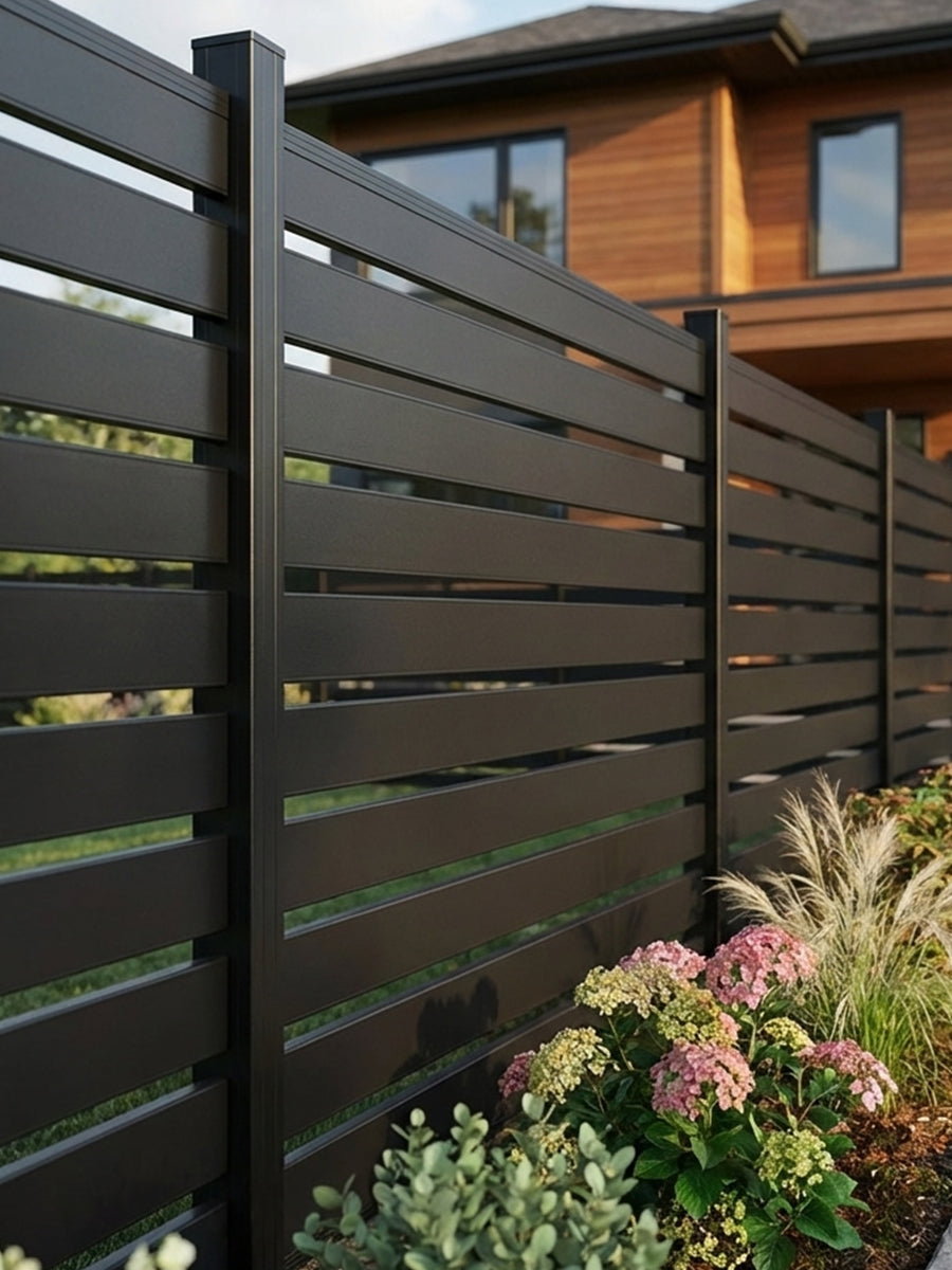 Black aluminum open slat fencing installed beside flowers and a modern home